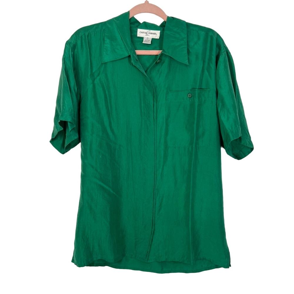 Vintage Casual Corner Green Short Sleeve Button Up 100% Silk Blouse Top Small P